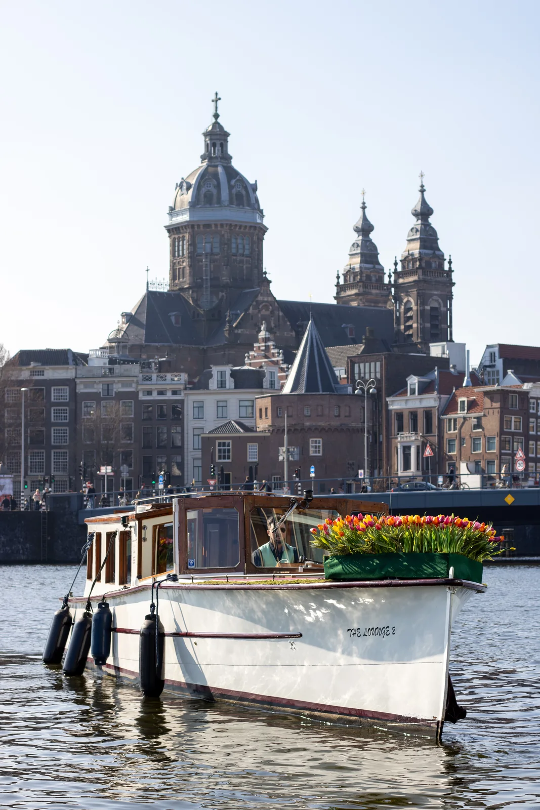 Cozy boat swim across the river